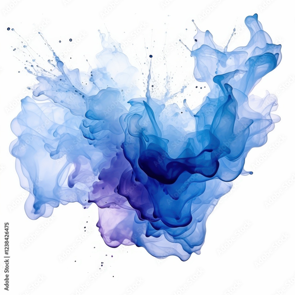Poster vivid blue ink stain on transparent background with artistic swirls and fluid movement captured in a