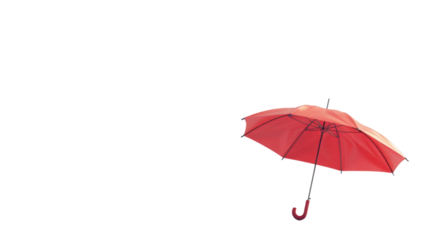 Classic red umbrella open on transparent background, floating in the air