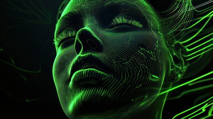 3D woman face with abstract, sharp-edged waves, on a pitch-black background with luminous accents of neon green for a bold, futuristic aesthetic.