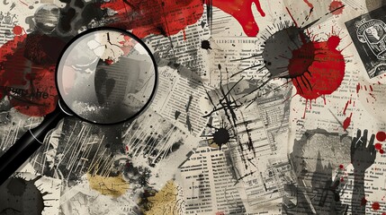 Vintage crime scene detective elements with a retro style. Fingerprints, a magnifying glass. Ai generative