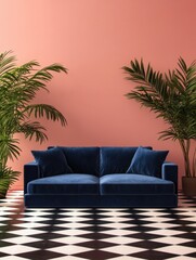 Obraz premium Minimal style interior with big dark blue couch standing on a checkerboard floor against monochromatic empty wall. Lots of green plants. Real photo.