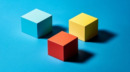 Obraz premium organizational workflow visual, abstract shape composition, dimensional cube icons, tricolor group representation, modern business concept, cerulean background surface, professional styling,