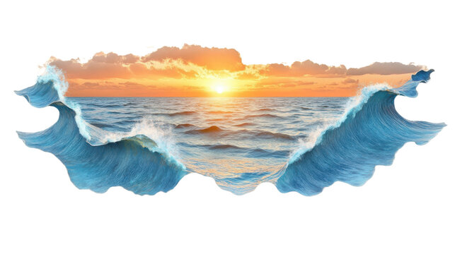 Big ocean waves crashing at golden sunset with transparent background