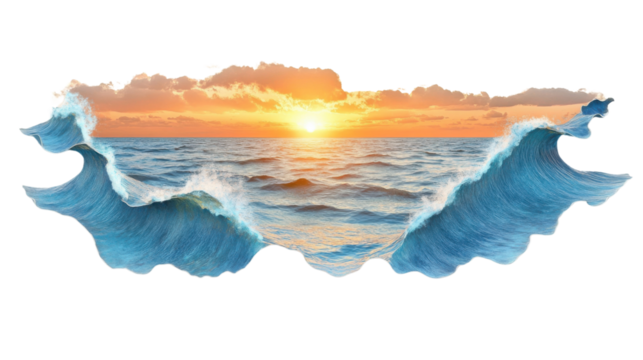Big ocean waves crashing at golden sunset with transparent background