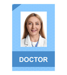 Doctor's badge with photo of woman on white background