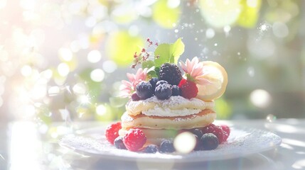 Obraz premium A stack of pancakes on a white plate with berries and kiwis on top