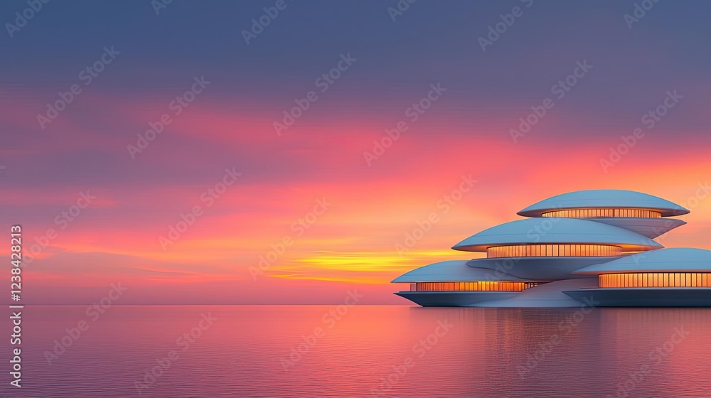 Aufkleber sea level rise climate change idea. modern architecture design with futuristic structures against a 