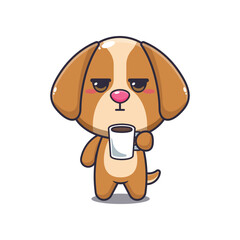 dog mascot cartoon character vector illustration is tired and sleepy holding coffee.