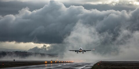 A commercial airplane approaches a runway during a dramatic, foggy landing in low-light conditions.