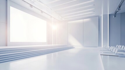 Fototapeta premium professional meeting technology, presentation remote focus, modern conference interior, white room design, projection screen setup, minimal business environment, sophisticated lighting, corporate