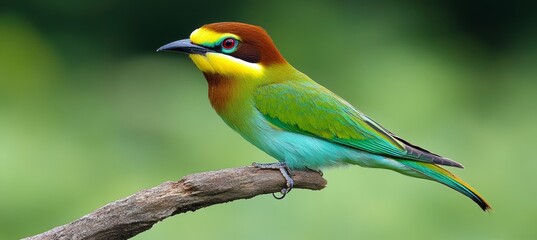 Obraz premium Vibrant Perched Bird, Colorful Plumage on a Blurred Green Background. Wildlife Bird Photography