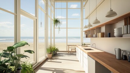 A bright and airy kitchen with minimalist design, wood countertops, potted plants, and large windows showing a beach view.