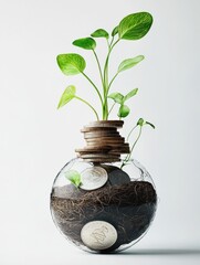 Growth concept with coins stacked and sprouts, symbolizing investment and sustainability on a white isolated background.