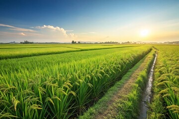 A lush rice field with neat green rows stretching to the horizon under a bright sunny sky. Image generated by AI.