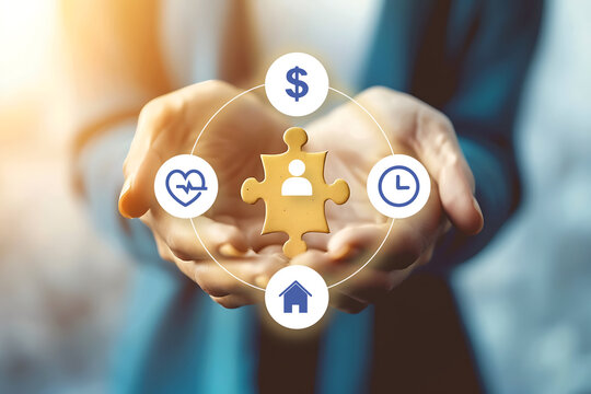 Holistic Wellbeing,  Hands gently cradle a golden puzzle piece representing a person, surrounded by symbols of financial security, health, time, and home.