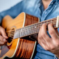 Fototapeta premium Close Up of Hands Playing Acoustic Guitar Brown Wood Grain, Blue Denim Shirt