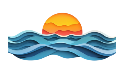 Paper cut waves at sunset with transparent background