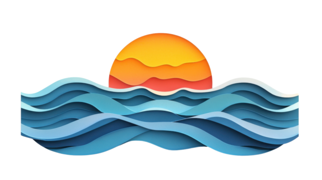 Paper cut waves at sunset with transparent background