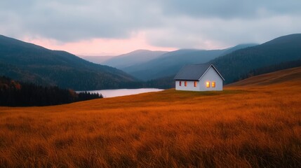 Secluded house, sunset, mountain lake, autumn field