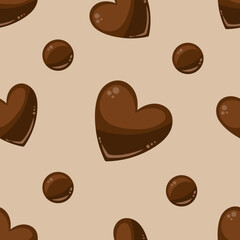 Seamless pattern with cute brown hearts on a beige background. Vector illustration with chocolate for Valentine's Day