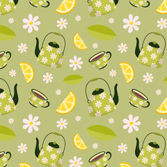 Seamless pattern with cute elements: teapot, tea cup, mint, lemon, chamomile. Vector illustration with ceramic tableware