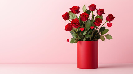 Naklejka premium vibrant red vase filled with fresh red roses and heart shaped decorations, perfect for expressing love and affection