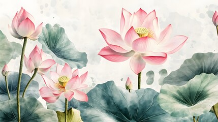 Elegant Pink Lotus Flowers and Lush Green Leaves