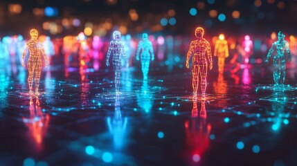 Fototapeta premium social connectivity artwork, glowing figurine network, colorful linking lines, reflective dark platform, modern tech aesthetic, professional visualization, vibrant color scheme, strategic node