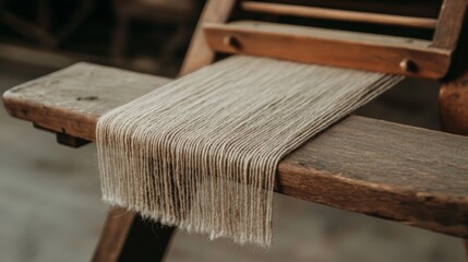 Close-up of antique wooden loom weaving linen threads
