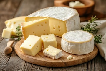 Cheese platter with various types of cheese presented on a wooden board with herbs and bowls