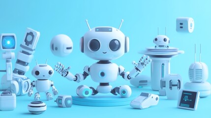 Fototapeta premium technology concept icons, chatbot characters, machine learning symbols, robotics elements, network visualization, soft blue environment, professional 3d artwork, modern tech representation, clean