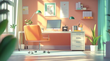 virtual team call artwork, animated character portraits, contemporary office setup, desk accessories illustration, pastel aesthetic, gentle lighting, 3d modeling style, minimalist composition,