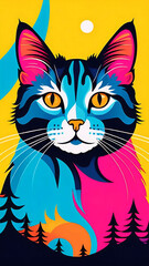 Fototapeta premium Cat bright colorful and vibrant poster illustration, funny cat phone wallpaper, cute animal wallpaper hd