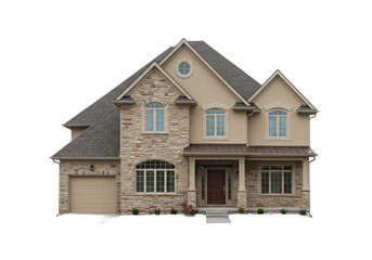 Elegant two-story suburban house with beige walls, stone accents, and a gabled roof, isolated on white background