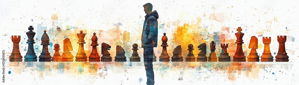Poster a solitary figure stands before a vibrant array of chess pieces, symbolizing strategy and decision-m