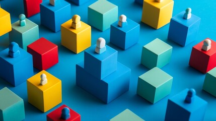 Fototapeta premium abstract organizational diagram, organic blob shapes, colored cubic elements, primary color scheme, minimalist business concept, blue yellow red composition, person icons on cubes, clean geometric