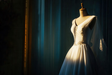Fototapeta premium Elegant wedding dress display bridal shop fashion photography indoor close-up timeless beauty