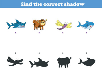 Funny cartoon wild life. Find the correct shadow. Kids Education games. Cartoon vector illustration