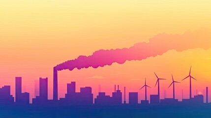 Fototapeta premium Global warming climate change concept. Silhouette of a city at sunset with wind turbines and smoke from industrial buildings.