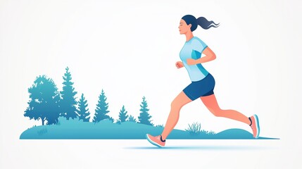 Obraz premium A woman is jogging in a stylized landscape with trees, showcasing fitness and outdoor activity.