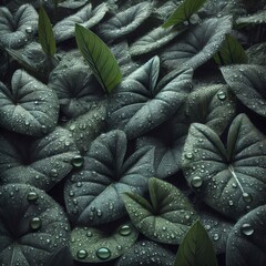 Fototapeta premium Close-up view of numerous dark green leaves, densely packed together. 