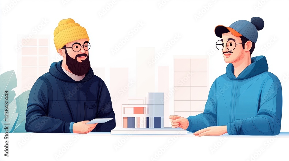 Aufkleber two men discuss a building model, showcasing collaboration and creativity in architecture and design
