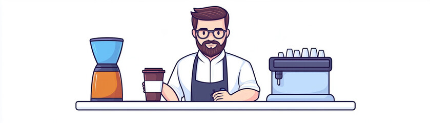 A barista stands behind a counter with a coffee maker, measuring tools, and cups, showcasing a vibrant coffee shop atmosphere.