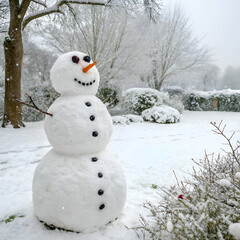 Obraz premium Adorable snowman in a snowy winter garden landscape fun cute cold happy white black scene image photo