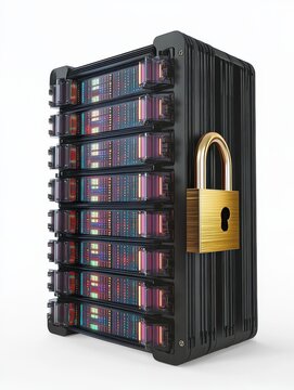 3d renderer image. Data storage with padlock. Data security concept. Isolated white background