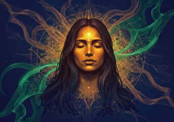 Mystical meditation: woman with cosmic aura and vibrant energy flow