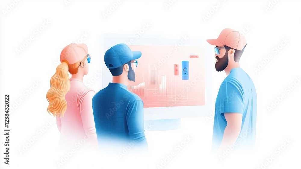 Aufkleber three individuals observe a presentation on a screen, displaying graphs and data, indicating a colla