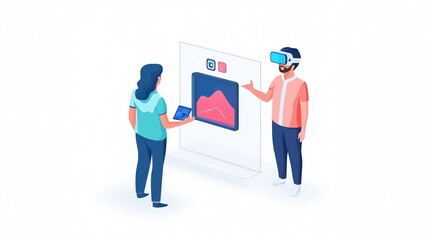 Two people interact with a virtual display, one wearing VR goggles and the other holding a tablet, showcasing technology and innovation.