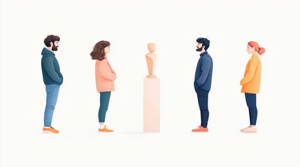 Naklejka premium Four individuals observe a sculpture, showcasing curiosity and contemplation in an artistic setting.