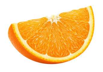 A juicy orange wedge with visible pulp and bright orange peel, isolated on white background